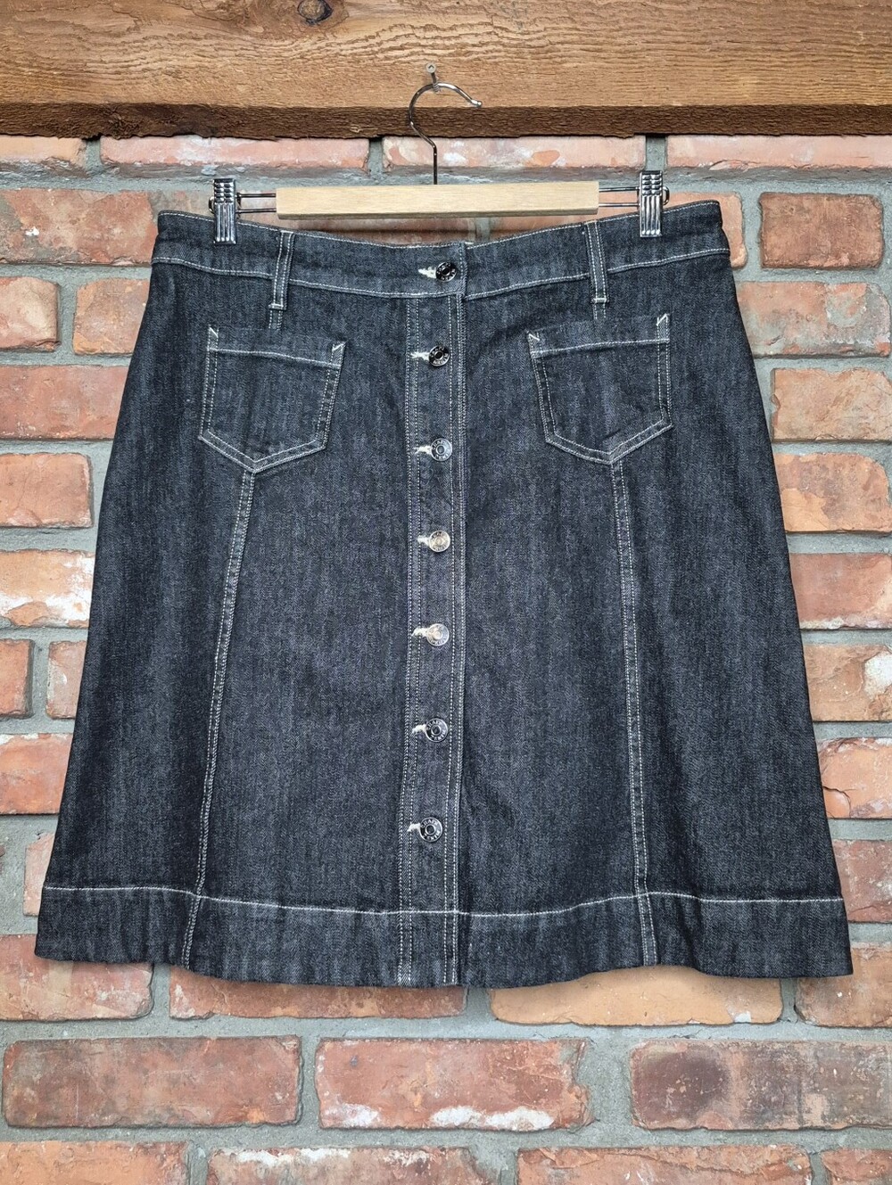 Chaps Black Denim Button Front A-Line Skirt Size 10 Stretch Cotton Pocket Y2K